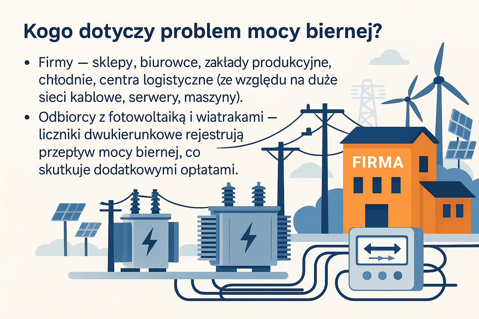 Ilustracja problemu mocy biernej w firmach – transformatory, linie energetyczne, fotowoltaika