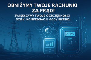 Ilustracja przedstawiająca obniżanie rachunków za prąd dzięki kompensacji mocy biernej – stylizowana grafika z panelami energii